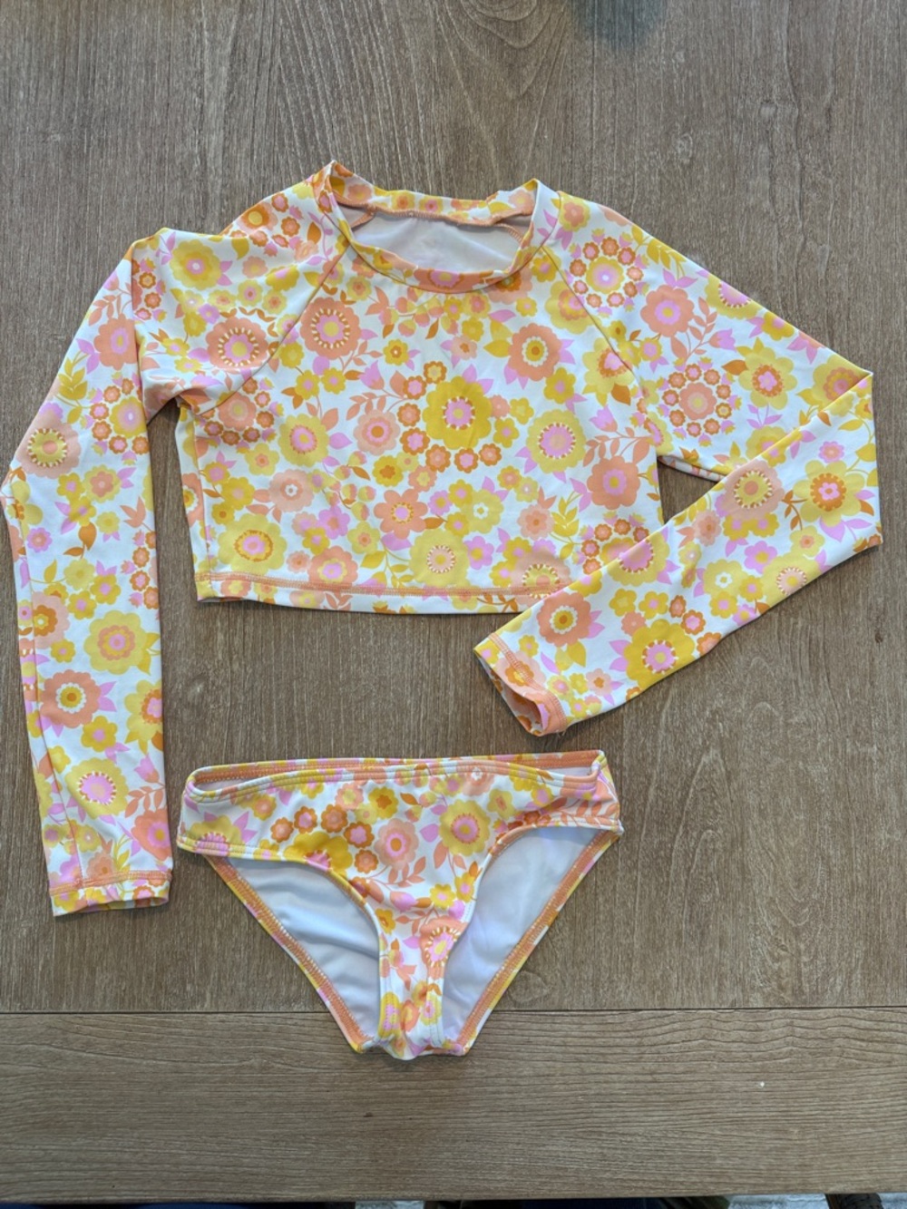 Billabong Girls Wildflower Long-Sleeve Rash Guard Bikini Set in Yellow & Pink 10
